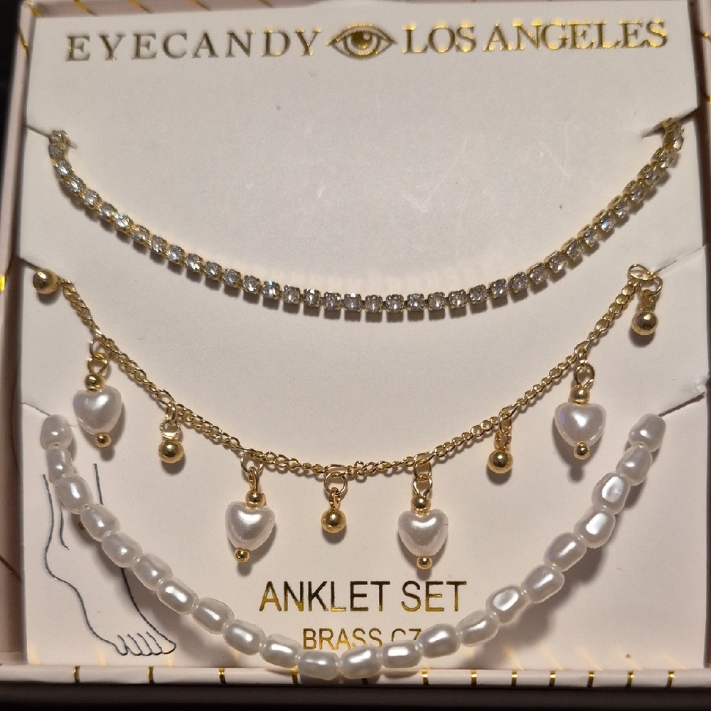 EyeCandy Los Angeles Gold & White Pearl Anklet Set